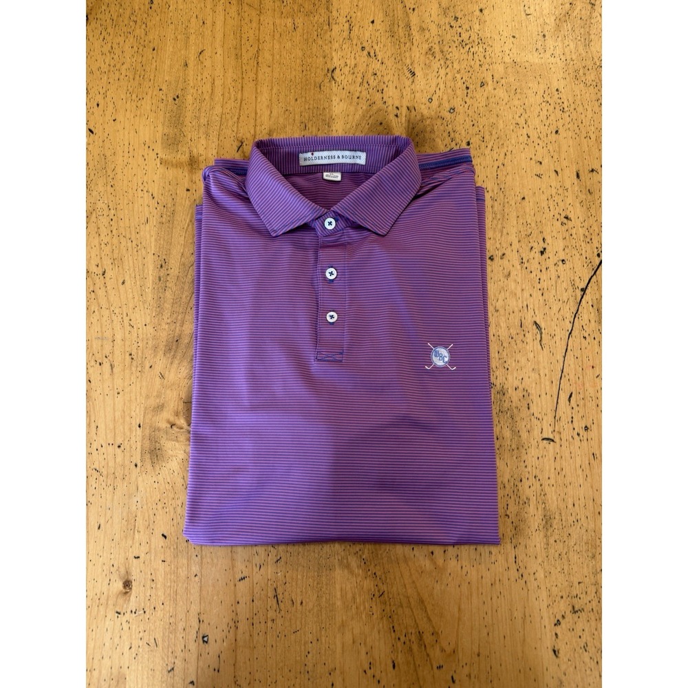 Holderness & Bourne Perkins Polo Shirt Mens Xl Blue Pink Stripe Golf Performance